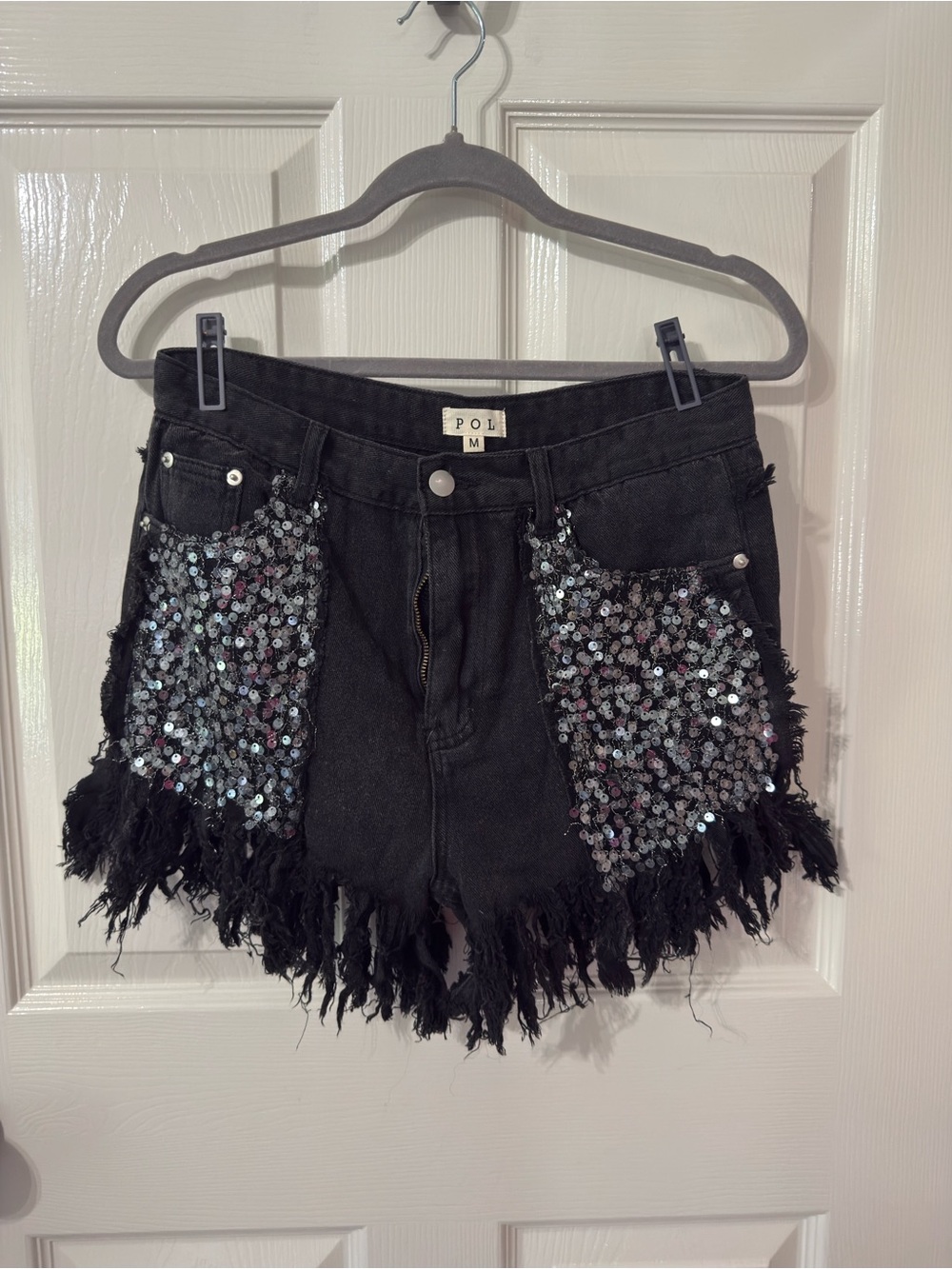 POL Black Sequin Fringe Denim Shorts
